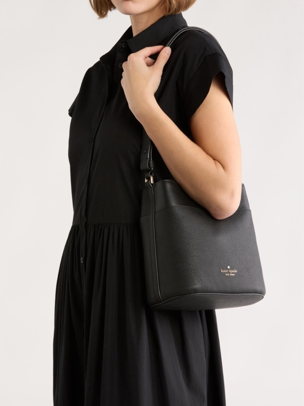 Kate Spade Leila Black Pebbled Leather Adjustable Strap Crossbody Bucket Bag NEW - Picture 8 of 8